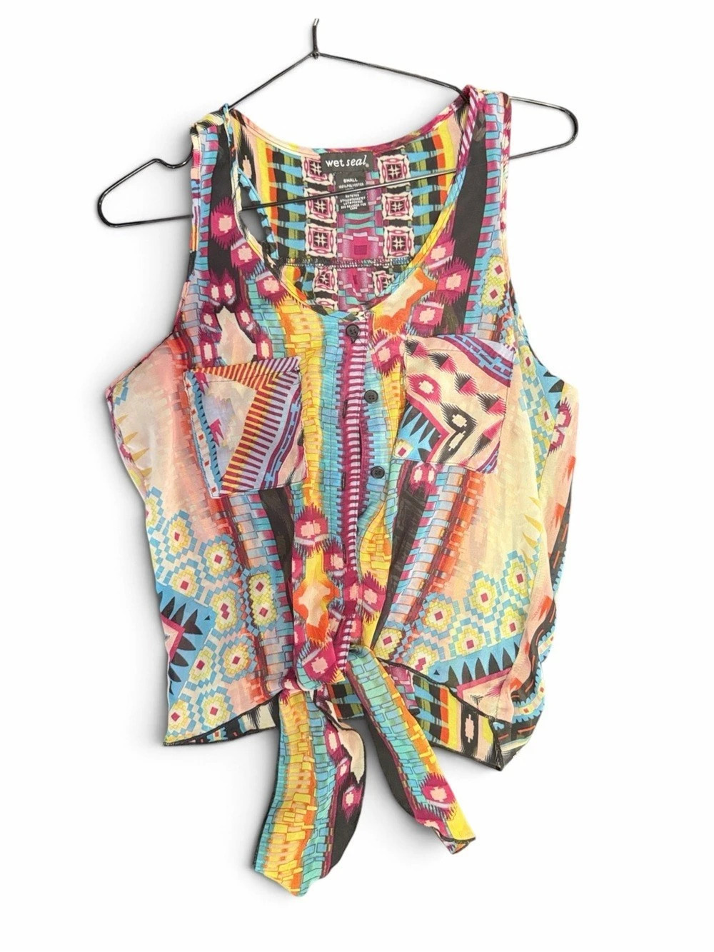 Wet Seal Multicolor Geometric Tie-Front Tank Top
